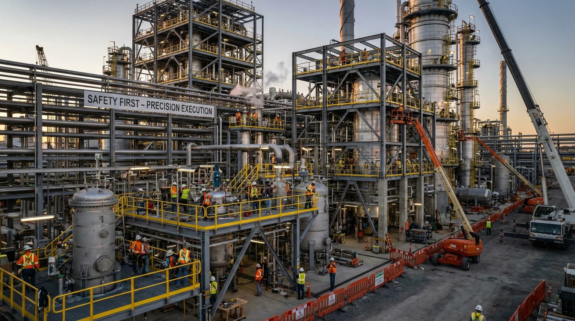 Industrial facility construction with safety protocols